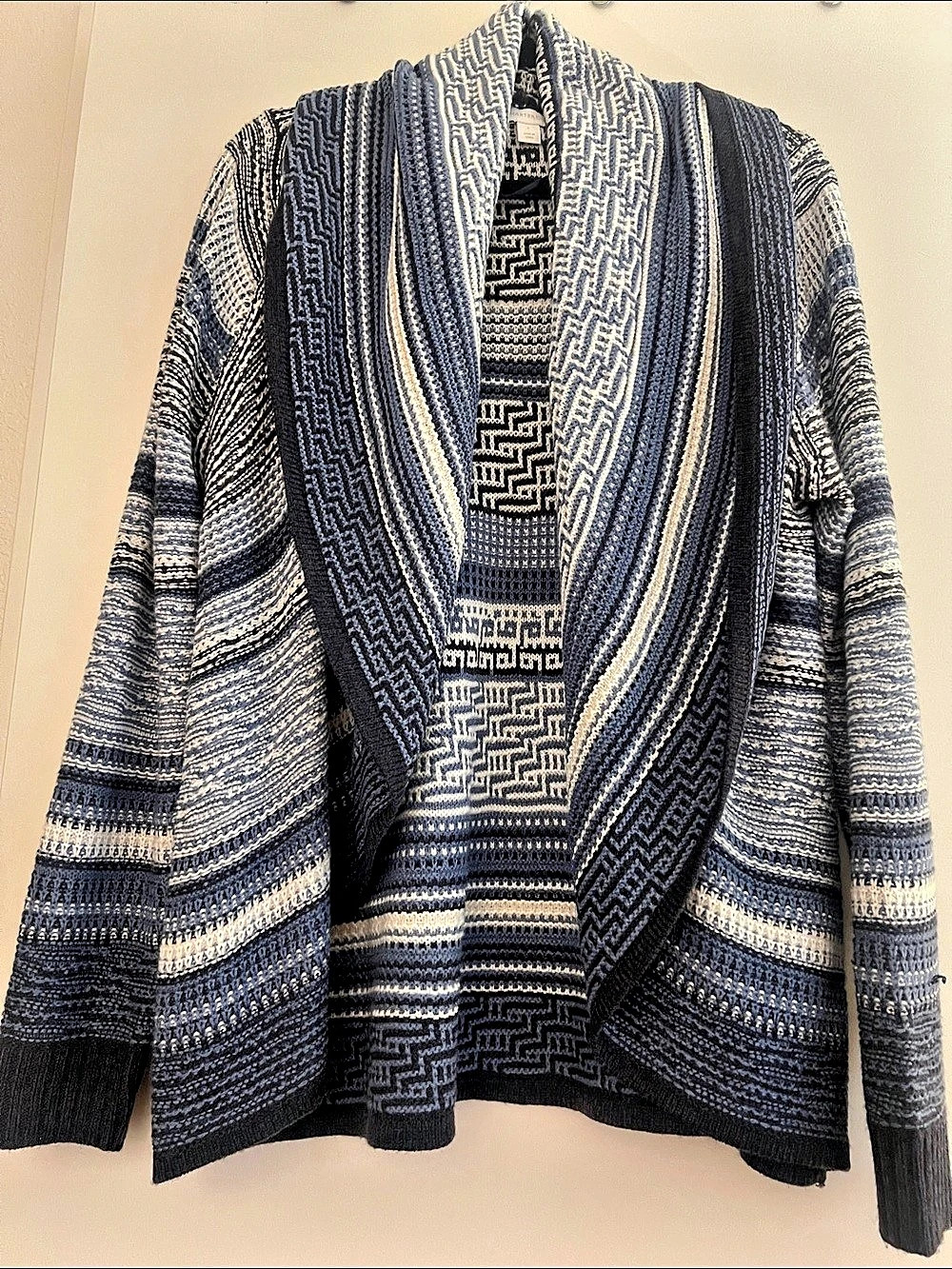 Charter Club Geo Stitch Open Front Cardigan Blue & White Large
